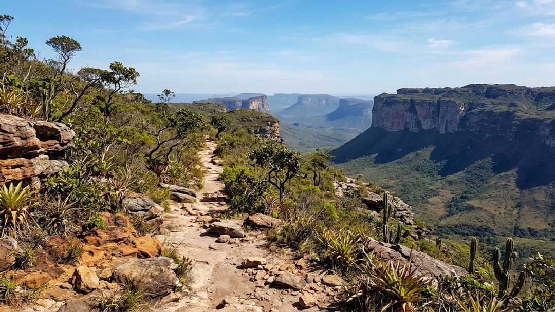 Caminhos históricos de pedra preservam a memória do antigo ciclo do garimpo em meio à natureza protegida da região.