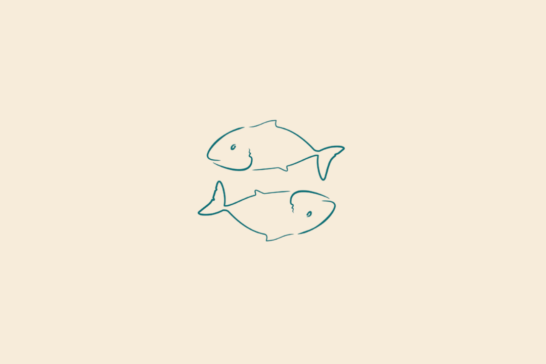 Ilustração minimalista de dois peixes posicionados em sentidos opostos, em azul-esverdeado, representando o signo de Peixes sobre fundo bege.