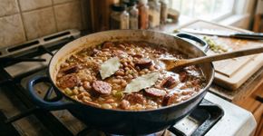 Os melhores chefs concordam: “O feijão mais saboroso não é cozido apenas com água, mas sim com folhas de louro, linguiça defumada e um fio de azeite no final.”