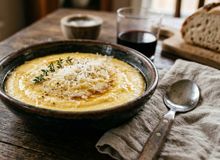 Featured side: A polenta cremosa é feita misturando 240 g de fubá, 1 litro de água e queijo parmesão