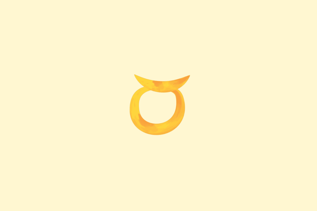 Símbolo de Touro formado por um círculo com uma curva semelhante a chifres na parte superior, em amarelo e laranja. Fundo amarelo-claro.