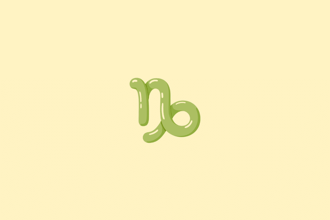 Ilustração do símbolo do signo de Capricórnio, representado por linhas curvas que formam o símbolo tradicional, em tom verde-oliva, sobre um fundo amarelo-claro.