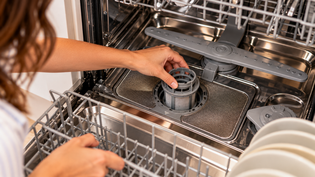 A lava-louças tem um filtro que muita gente nunca vê: quando ele acumula restos de comida, o mau cheiro aparece mesmo usando detergente e ciclo quente