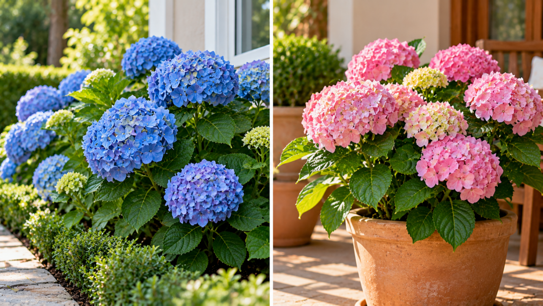 Hortênsia azul ou rosa? Saiba como o pH do solo influencia a disponibilidade de alumínio e pode alterar a cor das flores em algumas variedades.