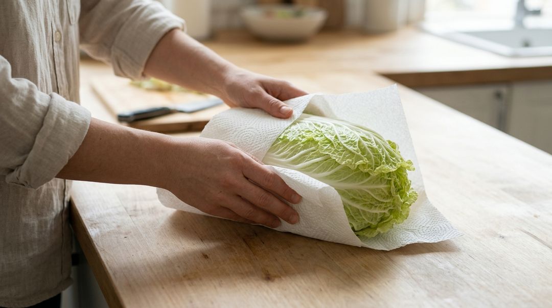 Envolver a verdura em papel toalha absorve a umidade e preserva a crocância.