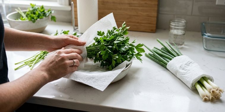 Featured main: Pare de guardar a salsa e a cebolinha soltas na gaveta: embrulhe-as em papel toalha úmido para manter a cor e a textura por muito mais tempo