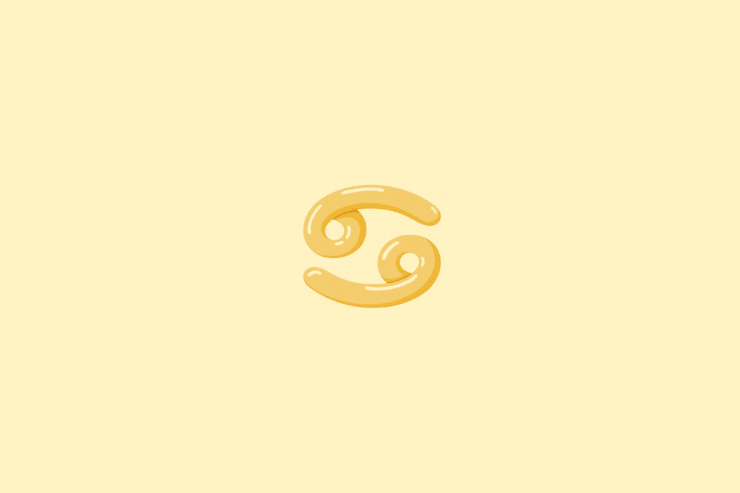 Ilustração do símbolo do signo de Câncer, formado por duas curvas arredondadas que se entrelaçam, em tom amarelo-dourado, sobre um fundo amarelo-claro.