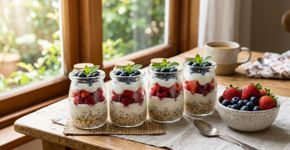 Frutas vermelhas, aveia e iogurte grego em camadas: esse café da manhã fica pronto em 10 minutos e entrega 16 gramas de proteína e 6 gramas de fibras por porção
