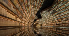 Piso preto espelhado faz livraria parecer túnel circular