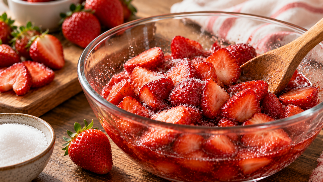 Morangos cortados com açúcar começam a soltar líquido sem ir ao fogo: o processo cria uma calda usando a própria água da fruta