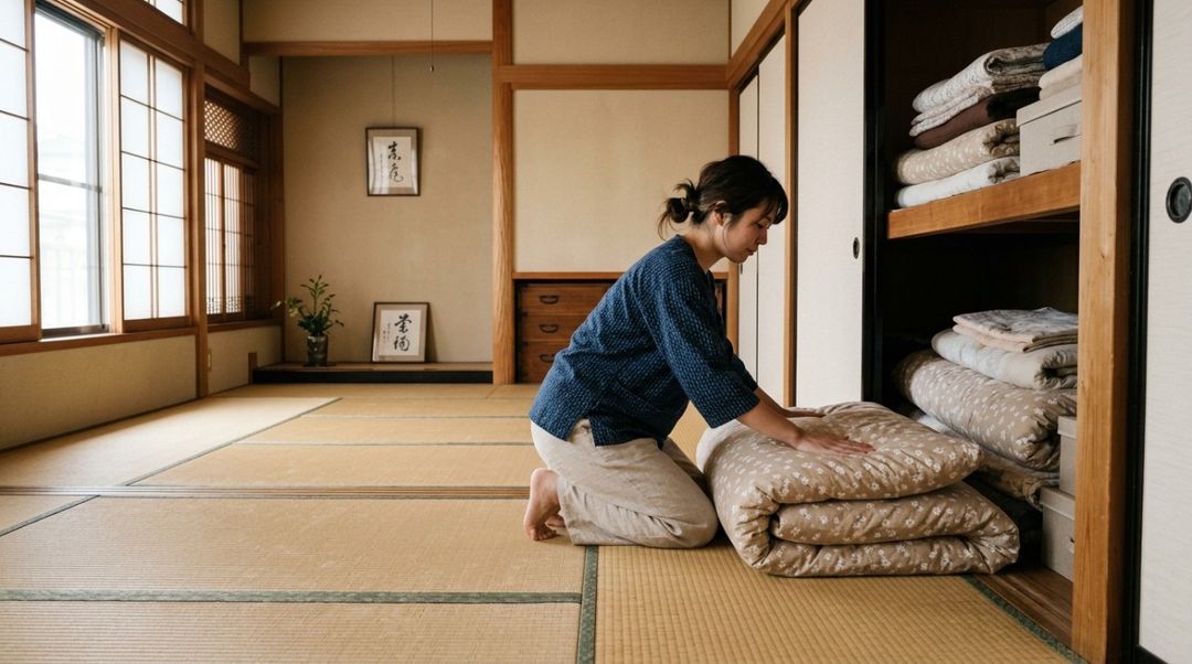 Nas casas japonesas tradicionais, o futon pode ser guardado em um oshiire, um armário profundo feito justamente para acomodar roupas de cama e outros objetos volumosos.