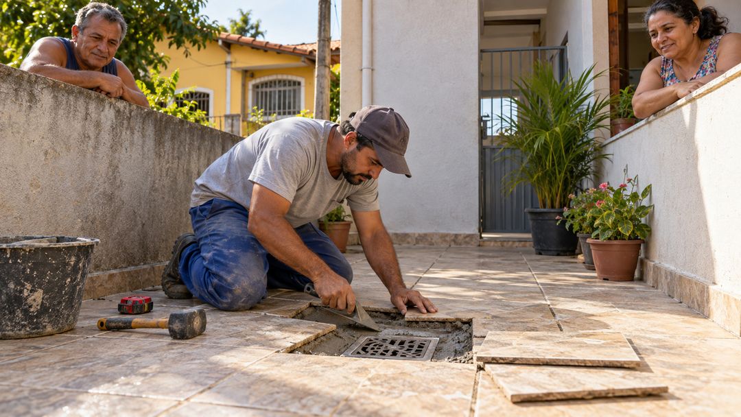 Correção da inclinação do piso ajuda a evitar novos alagamentos.