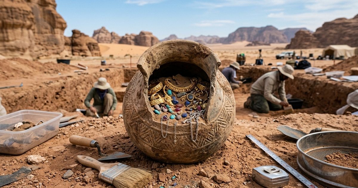 Arqueólogos abriram um vaso escondido no deserto e encontraram mais de 100 joias deixadas por um viajante que pode ter desaparecido