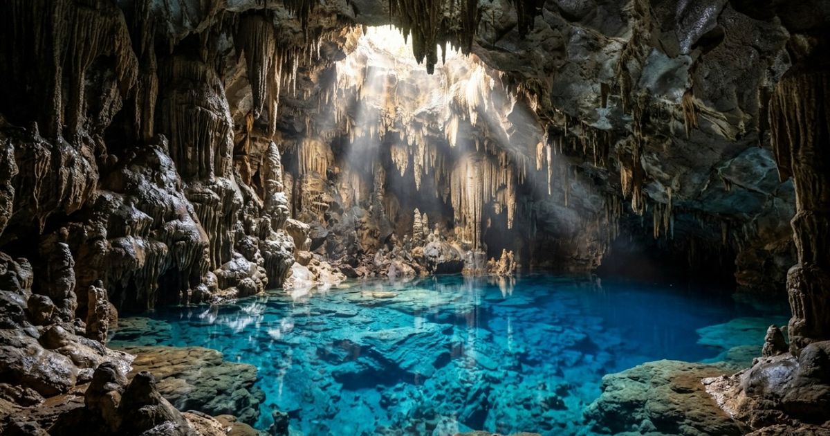 Quase 300 degraus descem por cerca de 60 metros até revelar um lago subterrâneo de azul intenso: a gruta de Bonito onde a luz do sol atravessa a abertura da caverna e transforma a água entre a primavera e o verão