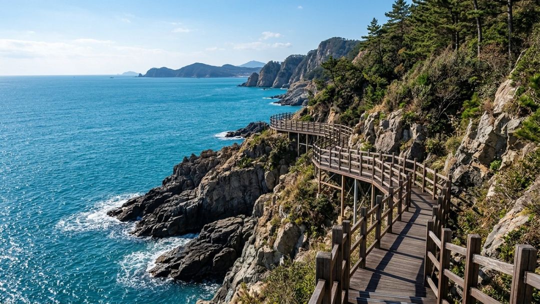 A trilha Galmaet-gil revela paisagens marítimas impressionantes que culminam na estrutura suspensa do Oryukdo Skywalk.