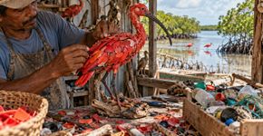 Artesão do Maranhão recolhe materiais descartados pelo mar há mais de 15 anos e transforma resíduos em esculturas que retratam pescadores, guarás e manguezais da Amazônia costeira