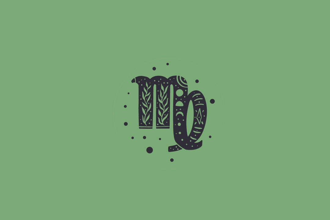 Símbolo do signo de Virgem desenhado com detalhes botânicos e pequenos pontos escuros ao redor, centralizado em um círculo sobre fundo verde-médio.
