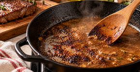 Dourar carne deixa uma camada escura grudada na panela, e adicionar caldo ou água depois dissolve esse fundo e vira base de molho