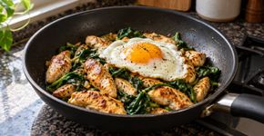 Os nutricionistas concordam: o ovo frito mais saudável não é acompanhado de bacon, mas sim de frango e espinafre, ideal para ganhar músculo