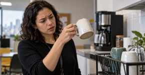 Funcionária deixa uma caneca identificada no trabalho, percebe que ela aparece sempre lavada antes do almoço e descobre que alguém vinha usando o objeto achando que era da copa