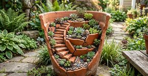 Transforme um vaso quebrado em uma pequena decoração para o jardim