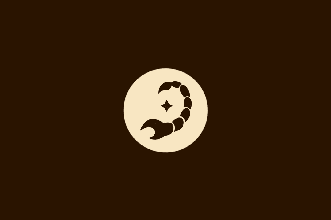 Ilustração vetorial do signo de Escorpião, representada pela silhueta de um escorpião com a cauda curvada e uma estrela de quatro pontas ao lado, centralizada em um círculo bege sobre fundo marrom.
