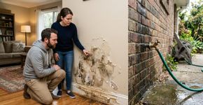 Sem entender por que a parede da sala amanhecia molhada mesmo sem chuva, casal passa três meses repintando o mesmo canto até quebrar o rodapé e descobrir que a infiltração vinha da torneira instalada pelo vizinho do outro lado do muro