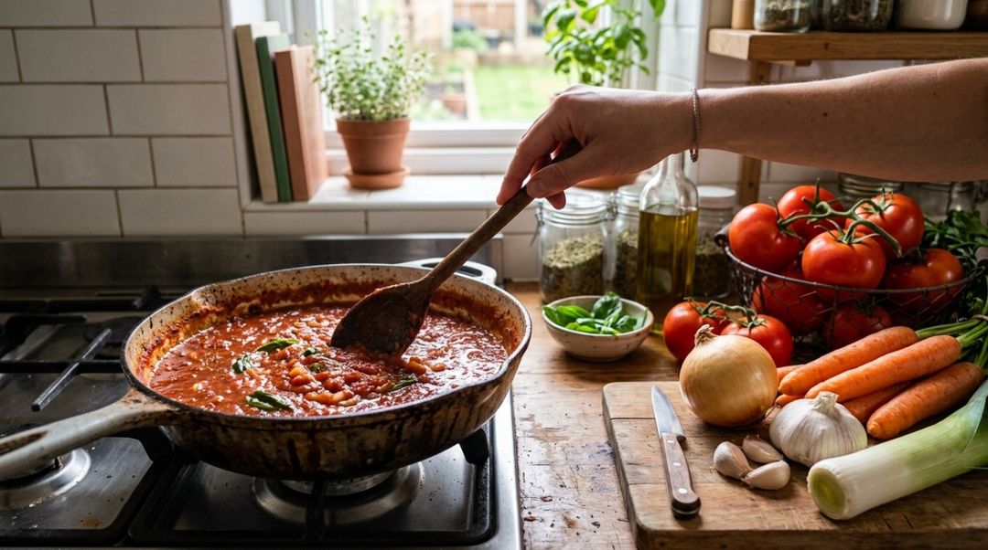 A cenoura libera doçura natural durante o cozimento e ajuda a suavizar a acidez do tomate.