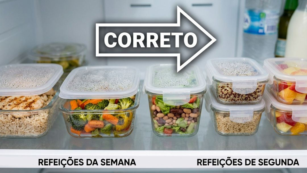 Fracionar grandes volumes em potes rasos acelera a dispersão térmica e protege os alimentos.