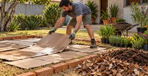 Ele cobriu o gramado de sua casa com papelão para criar um jardim com plantas nativas polinizadoras e espécies comestíveis, capaz de funcionar como um ecossistema de baixa manutenção e com menores necessidades de água.