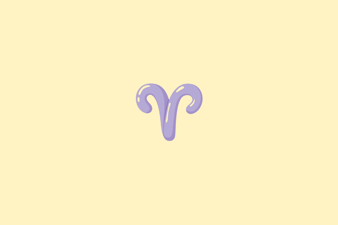 Ilustração do símbolo do signo de Áries, representado por dois arcos curvos que formam o desenho característico dos chifres, em tom lilás, sobre um fundo amarelo-claro.