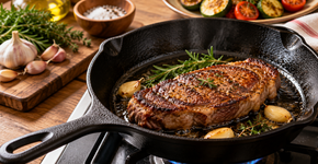 Aquecer o ferro fundido antes de adicionar óleo reduz a chance de alimentos grudarem e ajuda a criar uma superfície mais uniforme para dourar