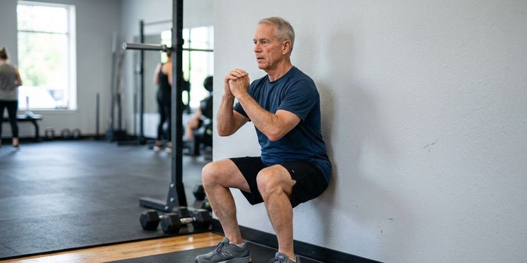 Featured main: Três treinadores concordam: “A partir dos 60 anos, o equilíbrio e a força nas pernas melhoram se você fizer agachamento na parede todos os dias”