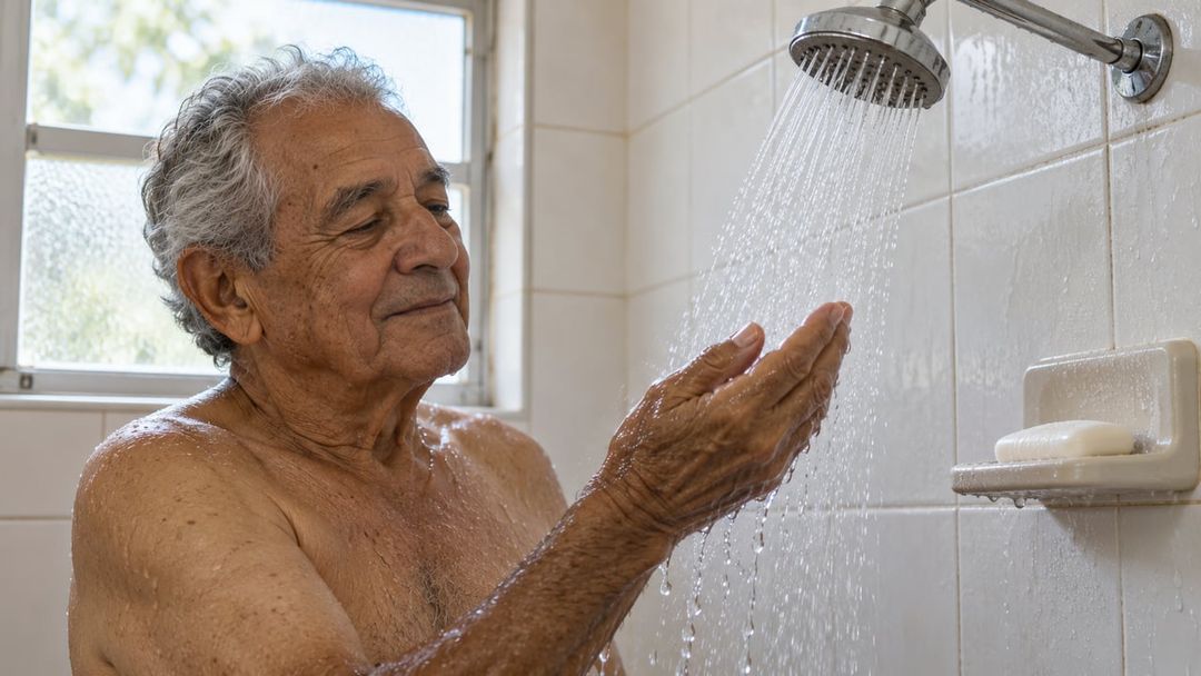 Água morna e sabonete suave preservam a camada protetora da pele e reduzem o ressecamento em idosos – Imagem ilustrativa criada por inteligência artificial