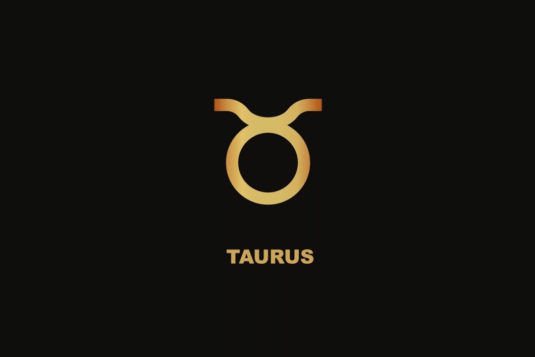 Símbolo dourado do signo de Touro sobre fundo preto, com o nome "TAURUS" escrito abaixo.