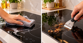 A esponja áspera risca o cooktop por indução sem remover melhor a sujeira, enquanto raspador próprio trabalha quase paralelo ao vidro