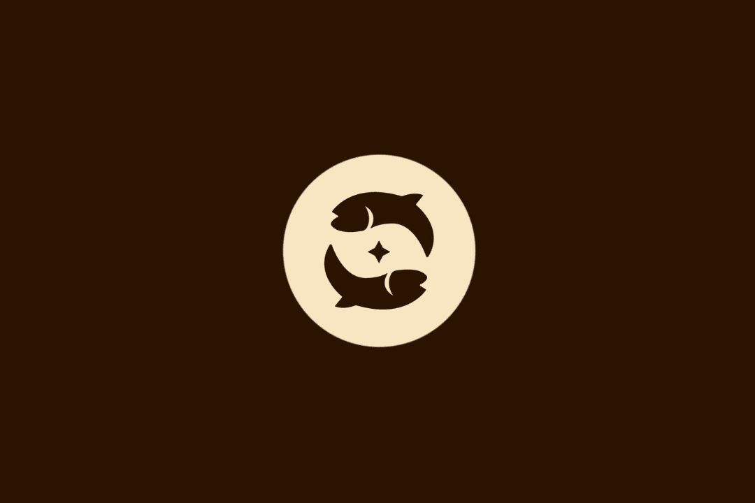 Ilustração vetorial do signo de Peixes, representada por dois peixes nadando em direções opostas em formato circular ao redor de uma estrela de quatro pontas, centralizada em um círculo bege sobre fundo marrom.