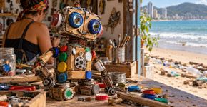 Artista deixa São Paulo, começa a recolher resíduos de obras e praias em Santa Catarina e transforma materiais descartados em robôs usados para ensinar reciclagem nas escolas