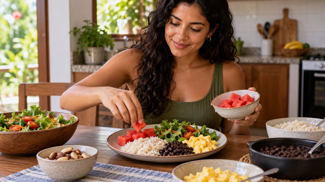 A fruta funciona melhor em porções adequadas, combinada com proteína, gordura boa e refeições equilibradas – Imagem ilustrativa criada por inteligência artificial