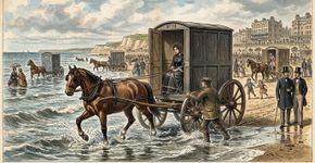 Antes de entrar no mar, banhistas eram colocados numa cabine com rodas e levados por cavalos até dentro da água