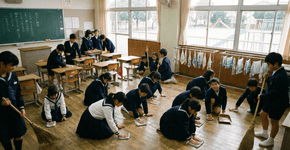Nas escolas japonesas o pátio está sempre impecável porque o macete não é ter muitos lixeiros, mas o fato de que os alunos nunca deixam restos de comida para trás