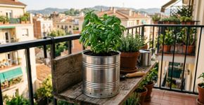 Uma lata grande pode virar um vaso diferente para plantas de porte pequeno