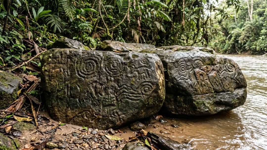 As margens rochosas da região guardam testemunhos milenares da ocupação humana na Amazônia.