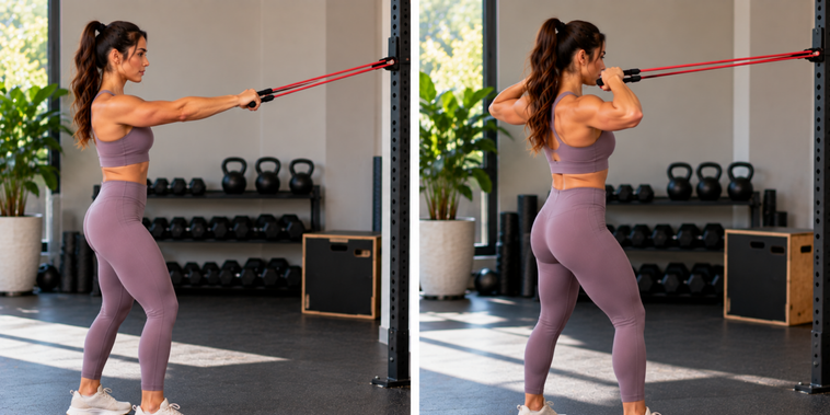 Featured main: Face pull com elástico combina puxada e rotação dos ombros, mas resistência excessiva faz o tronco compensar antes que as escápulas controlem o movimento