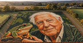 Família usa 11 mil abóboras para montar retrato gigante de 218 metros quadrados, reproduz rosto de naturalista e conquista recorde mundial pela terceira vez