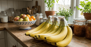 Banana amadurecendo rápido demais? O jeito de envolver o cabinho com plástico que evita o desperdício na fruteira da cozinha