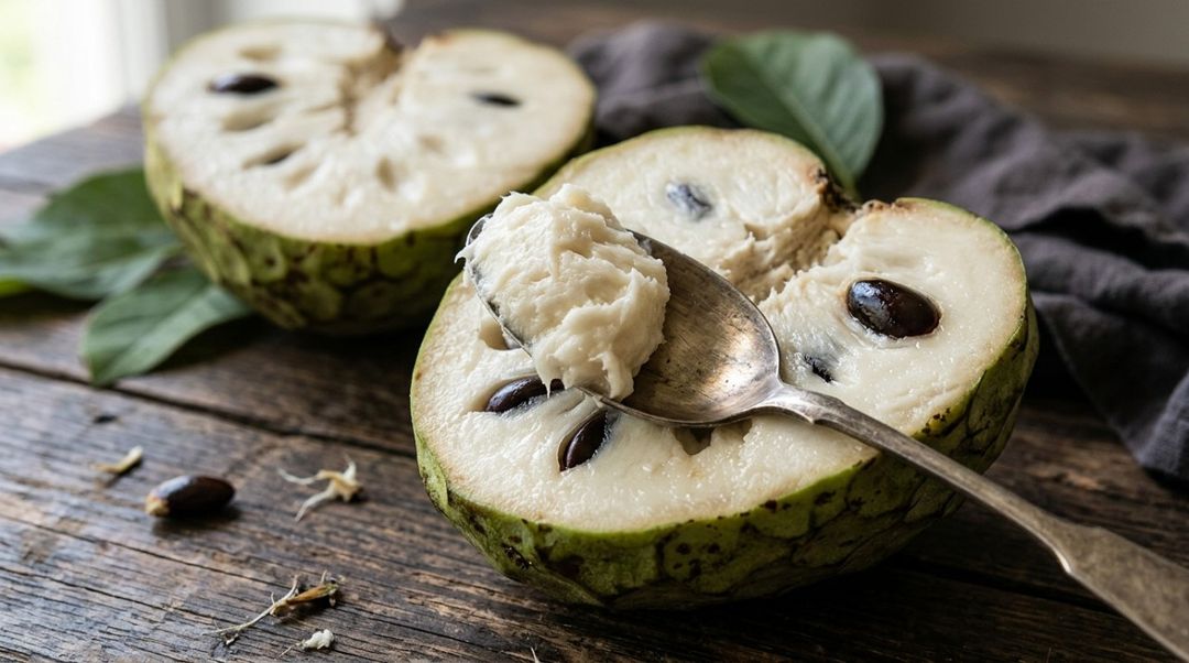 A cherimoia madura cede levemente à pressão dos dedos, sem estar mole demais.