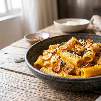 Featured mobile: Macarrão cremoso de abóbora com alho dourado simplesmente divino