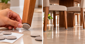 Feltros nos pés dos móveis protegem o piso enquanto permanecem limpos, mas poeira acumulada transforma a proteção em superfície abrasiva