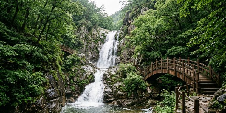 Featured main: Na Coreia do Sul, uma trilha atravessa um vale com 12 cachoeiras aos pés do Hyangrobong: depois de cruzar uma ponte suspensa entre paredões rochosos, surge a Yeonsan, uma das maiores quedas do percurso